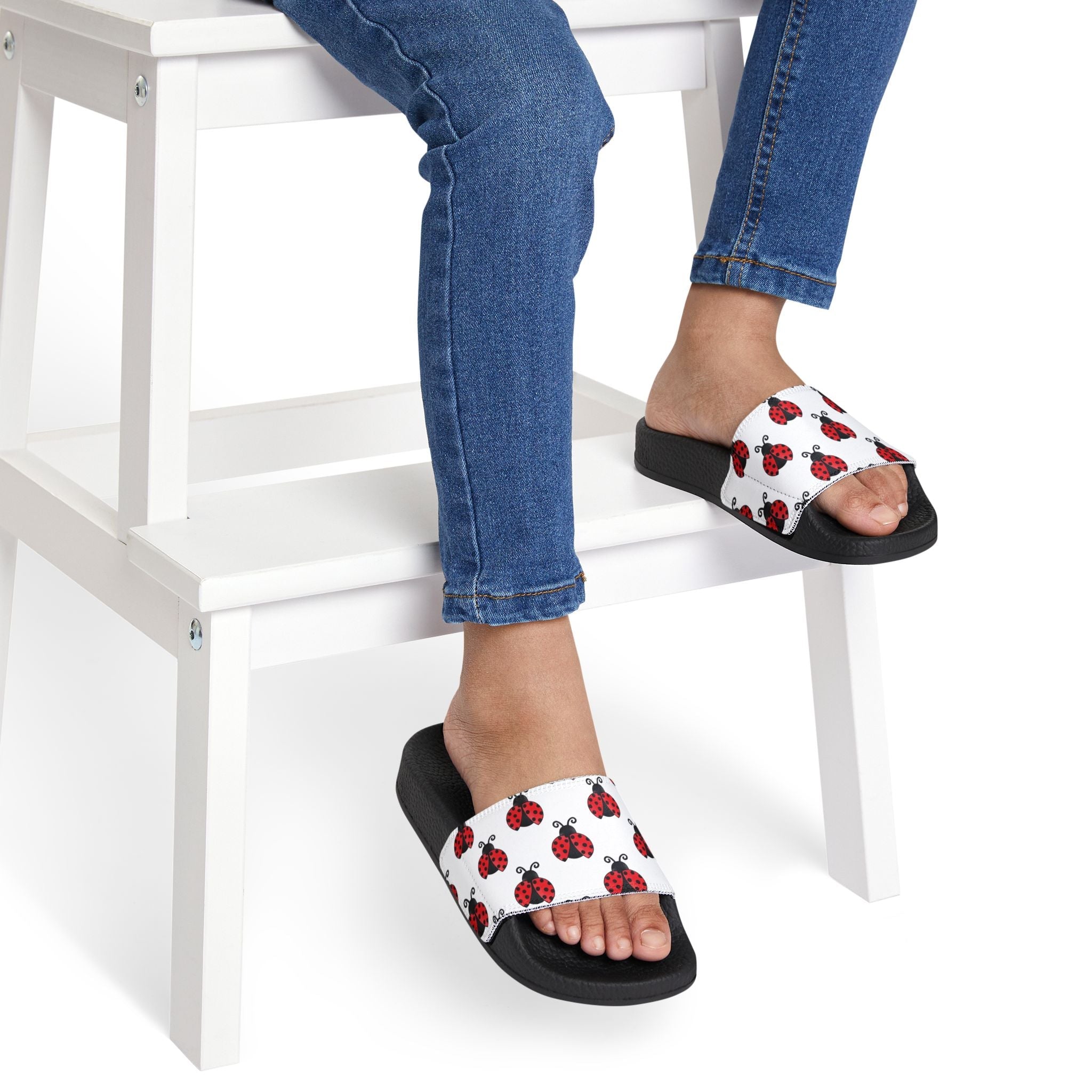 Youth Ladybug Slide Sandals — Removable Strap Cute Red Ladybug Pattern - 314 Originals