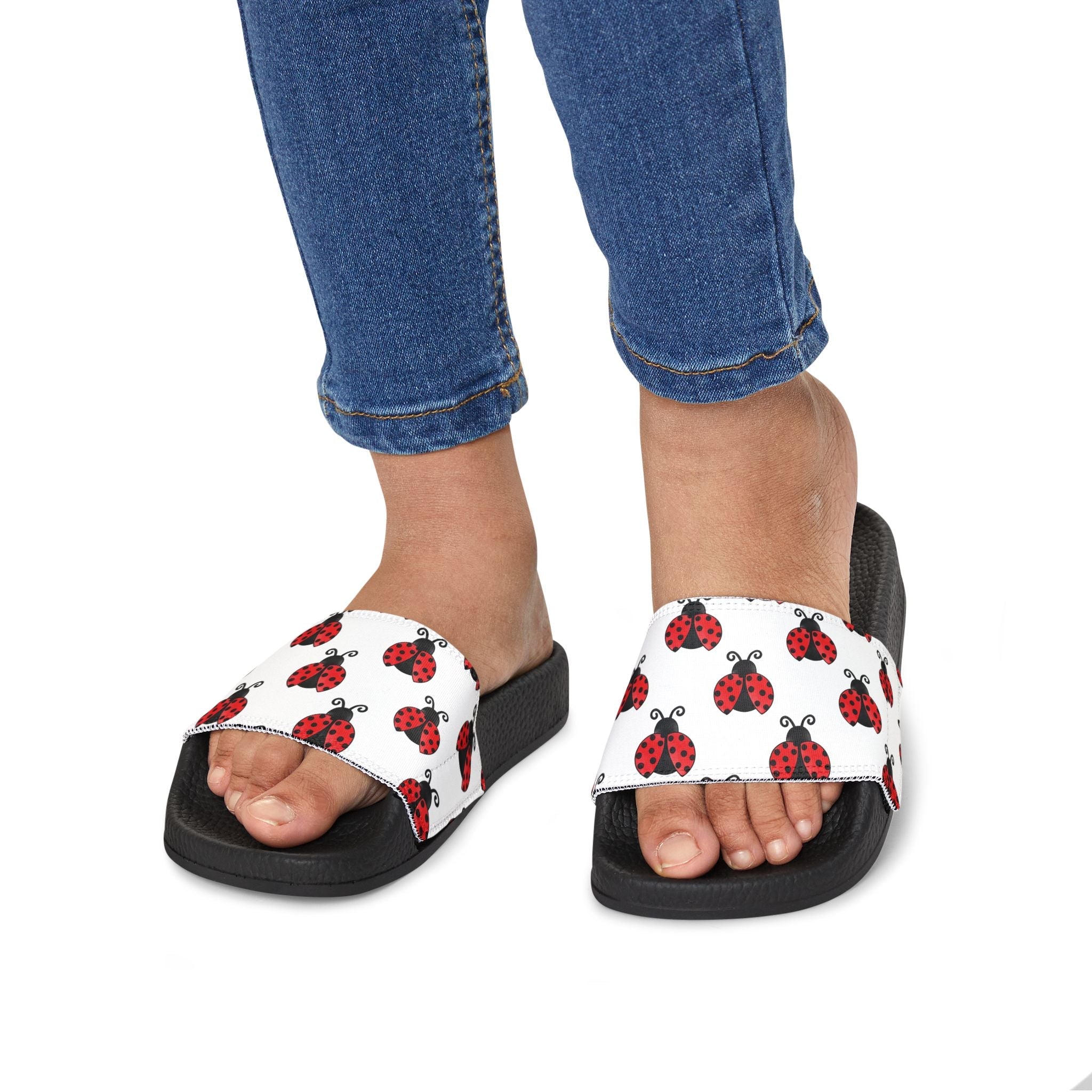 Youth Ladybug Slide Sandals — Removable Strap Cute Red Ladybug Pattern - 314 Originals